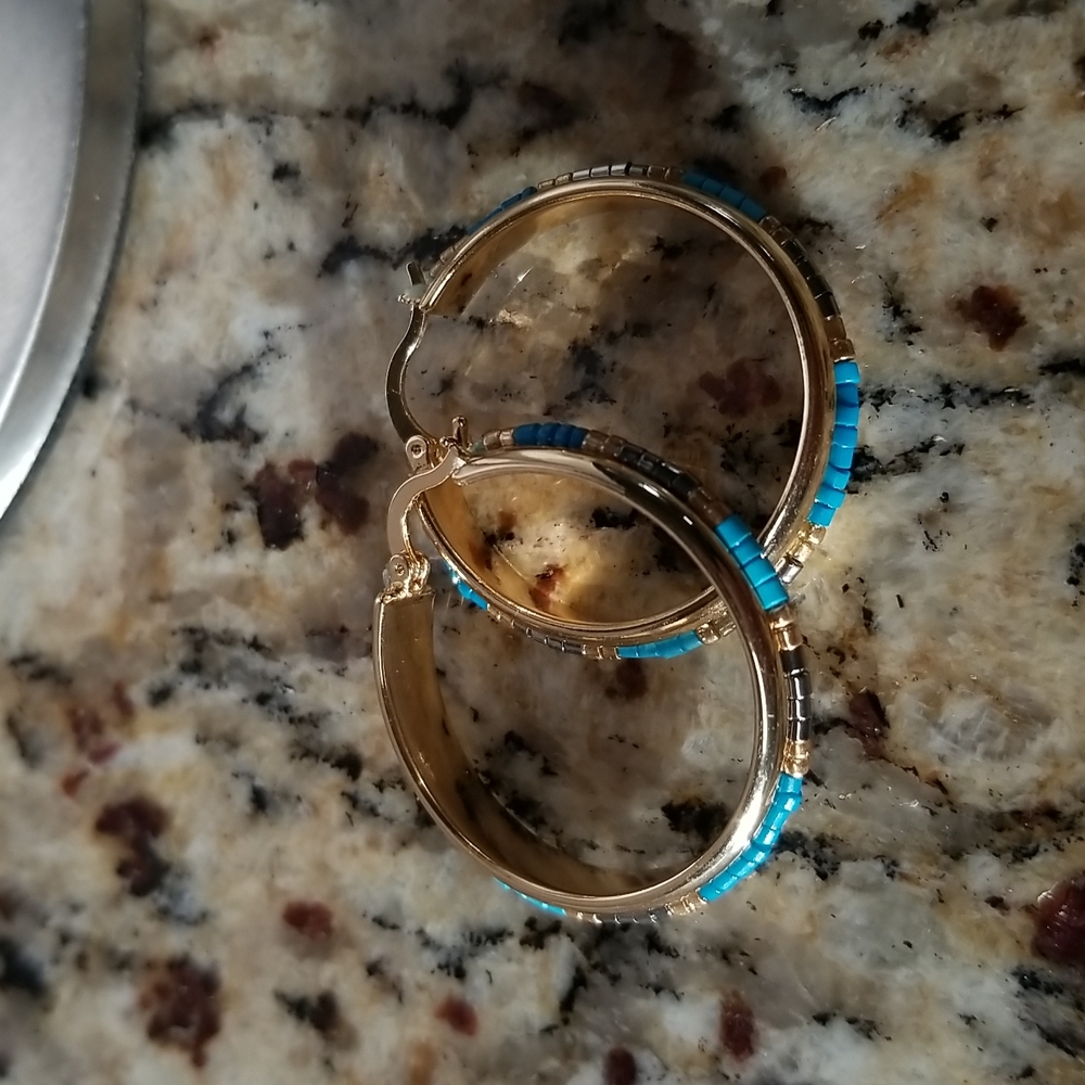 Beaded Gold Hoop Earrings - Picture 3 of 11